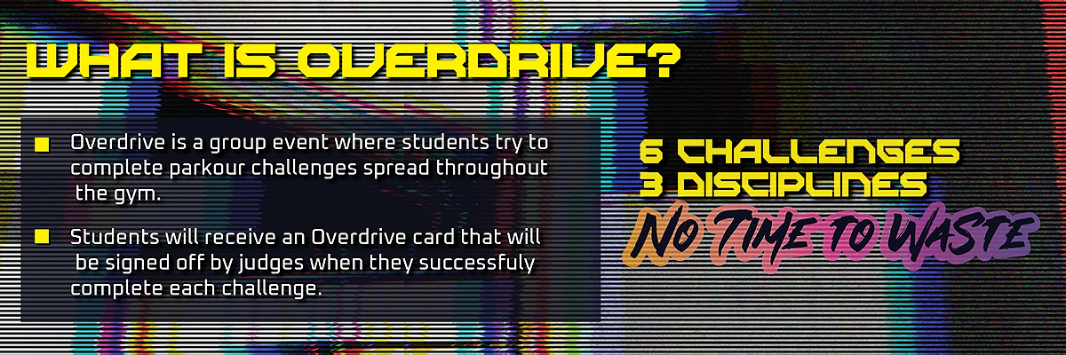 What is Overdrive? Six parkour challenges across three disciplines. Judges sign off completed challenges on your card.