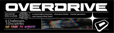 Overdrive at Outrun Parkour on Saturday, November 14, 2026. Six challenges across speed, skill and style, with keychains, stickers, family spectators and a jam session.